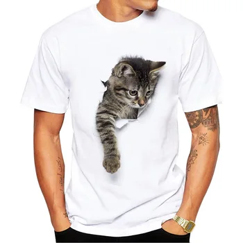 

ZHIJING 3D Digital Printing MEN'S Short-sleeved T-shirt White Cute Cat Meow Crew Neck Short-sleeved Top