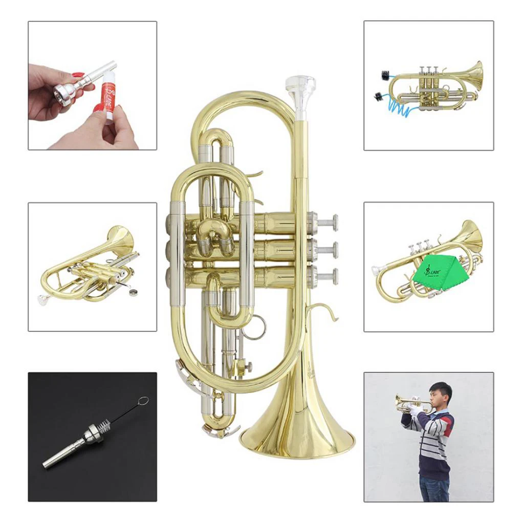 Bb Flat Cornet with Gig Bag Case Gloves Cleaning Cloth Durable Portable Brass Instrument