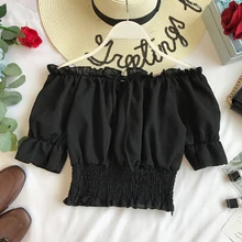 Праздничный летний женский укороченный топ, повседневный Топ, рукав-фонарик, с открытыми плечами, с рюшами, клубный, без бретелек, пляжный сексуальный пуловер с эластичной талией