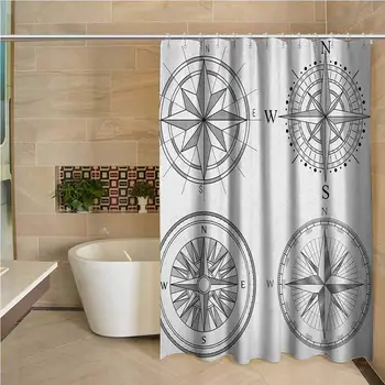

Compass Waterproof and colorful shower curtain Seafaring Design Set of Windroses in Black and White Sailing Away Journey Themed
