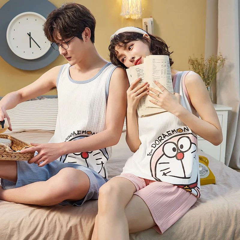 Couple Pajamas Set Summer Cotton Sleeveless Vest Sleepwear Men Women Leisure Oversized Homewar Kawaii Panda Print Maiden Pajamas silk pj set Men's Sleep & Lounge