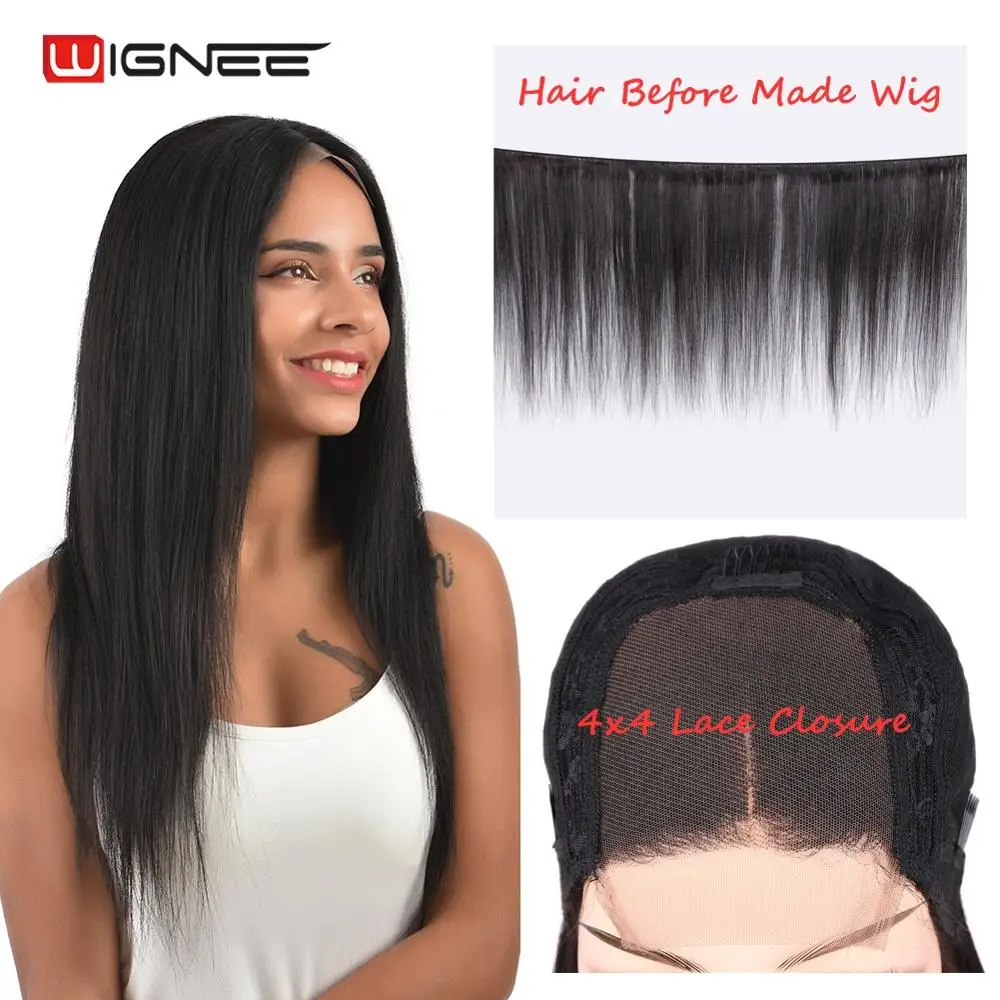Wignee 4*4, парики из человеческих волос с детскими волосами для черных женщин, прямые волосы remy, предварительно выщипанные бесклеевые кружевные волосы, парик из человеческих волос