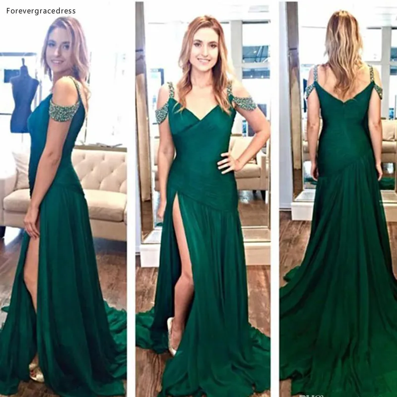 

Spaghetti Straps High Slit Chiffon Prom Dress Modest V Neck Emerald Green Sleeveless Formal Party Gown Custom Made Plus Size