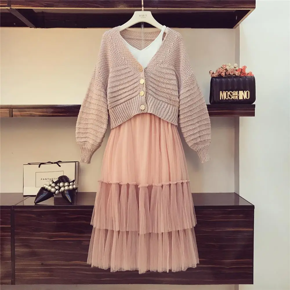 

Amolapha Women Knitted Batwing Sleeve Cardigans+Tank Tops+Elastic Waist Mesh Skirt 3pcs Sets Clothes Suits