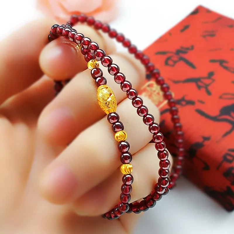 

Natural Garnet Bracelets Women's Lucky Beads Bracelet 6A Wine Red Stone 4mm Three-loop Multilayer Bead Gemstone for Hand Jewelry