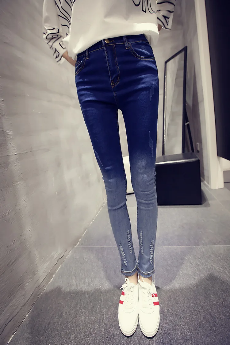 [Осень и зима] Han Джинсы страна градиент цвета Slim Fit Простые стройнящие узкие брюки Студенческие Брюки с высокой талией женские INS