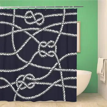 

Bathroom Shower Curtain Marine Rope Endless Navy White Cord and Nautical Knots Polyester Fabric Waterproof Bath Curtain Set