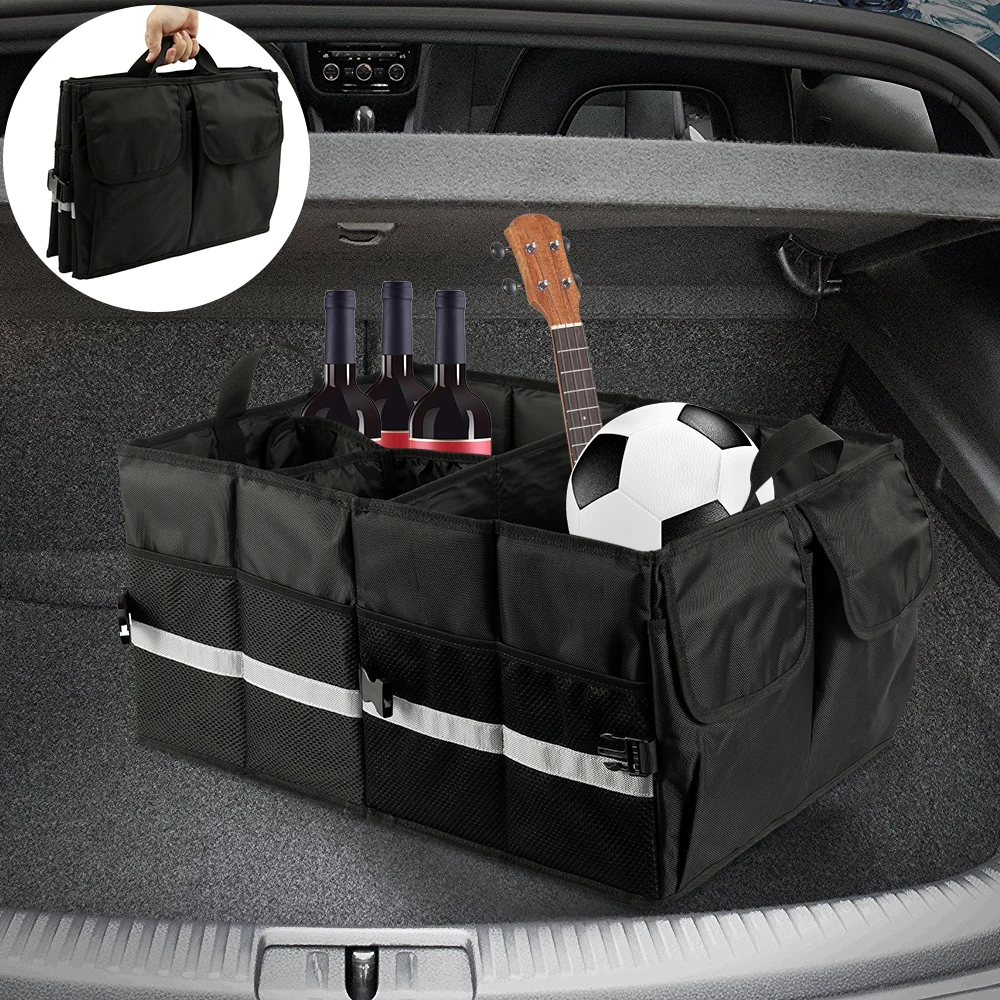 

Car Trunk Seat Organiser Storage Collapsible Waterproof Durable Multi Compartments with Sturdy Base Hook Fastener for Car SUV
