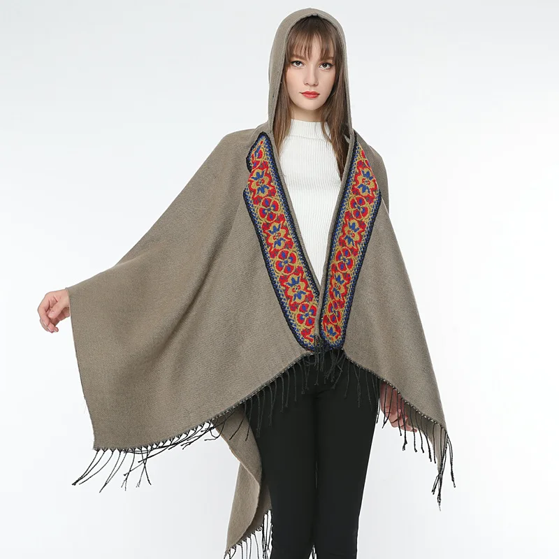 New Style Europe And America Women's Monochrome Ethnic-Style Hooded Cloak Air Conditioner Shawl Faux Cashmere Travel Scarf Women