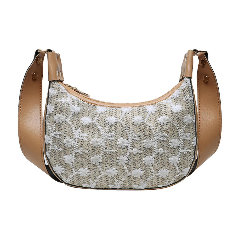 

Women Lace Flower Straw Bag PU Leather Widen Strap Zipper Shoulder Bag Lightweighted Casual Style Solid Color Crossbody Bag