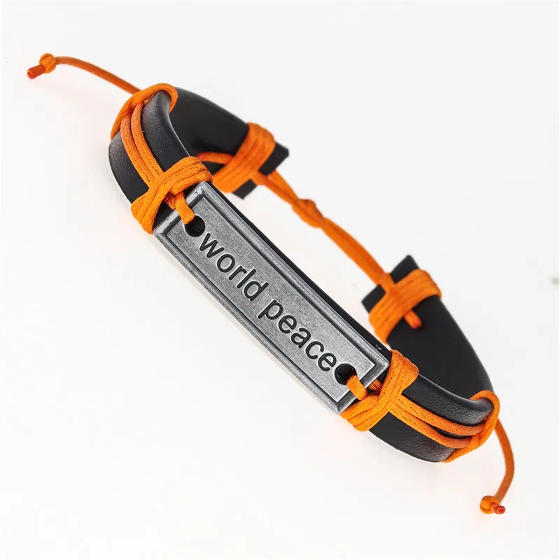 ZPS036-Orange 12PCS/Lot Vintage Punk World Peace wish Leather Bracelets for Men Bangle Adjustable Length Male Female Jewelry Accessories - Окраска металла: ZPS036-Orange