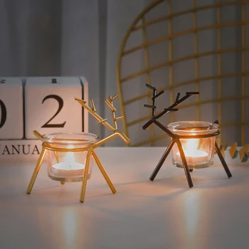 

Nordic Candle Holders Iron deer Fawn Candlestick Holder with Candle Glass Cup Parties christmas Decor European style kawaii