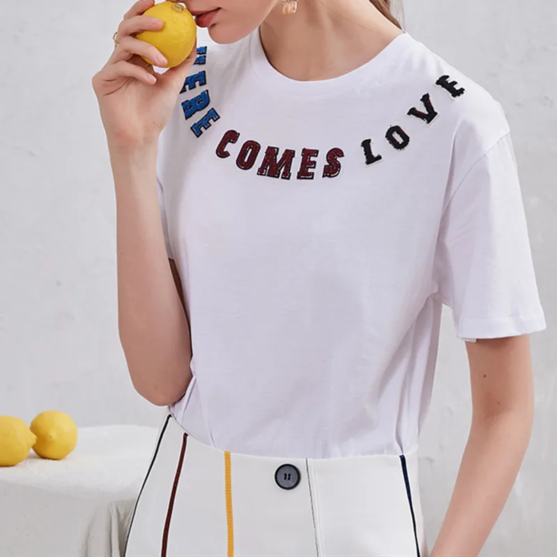 

Women's White Cotton T-shirt Embroidery Colorful Letters Loose Casual Ladies O-neck Short Sleeve T shirts 2020 Summer
