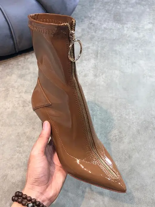 Moraima Snc Fashion Black patent leather Woman Boots Sexy Pointed Toe Front Zipper Ankle Boots Thin Heels Riding Boots