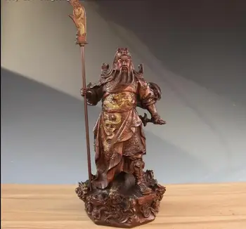 

China Folk Copper Bronze Dragon Guan Gong Guan Yu Warrior God Hold Knife Statue