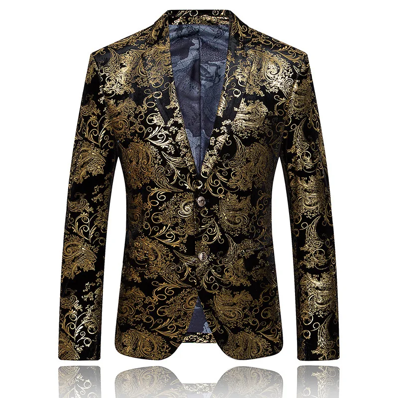 

Printed Gold Mens Tops Blazer for Evening Singer Prom Stage Notched Lapel Two Button Man Suit Jacket MJ001