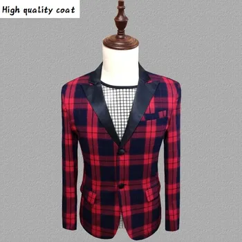 

New Hot Fashion England Red Plaid Long-sleeved Men Suit Costume Wedding Presenter Dress Men's Korean Nightclub Slim Suits S-5xl