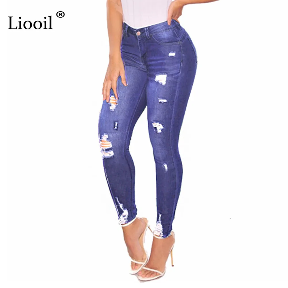 Light Blue Liooil синие пикантные теплые леггинсы с эластичной резинкой; обтягивающие джинсы женские с отверстиями Высокая Талия Брюки-карандаш плавки мыть рваные джинсовые брюки для девочек - Цвет: Light Blue