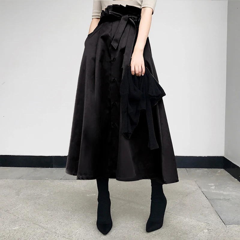 TVVOVVIN Spring Autumn High Quality Solid Patchwork Adjustable Waist Single Breasted Vintage Skirt Women Fashion Tide X802