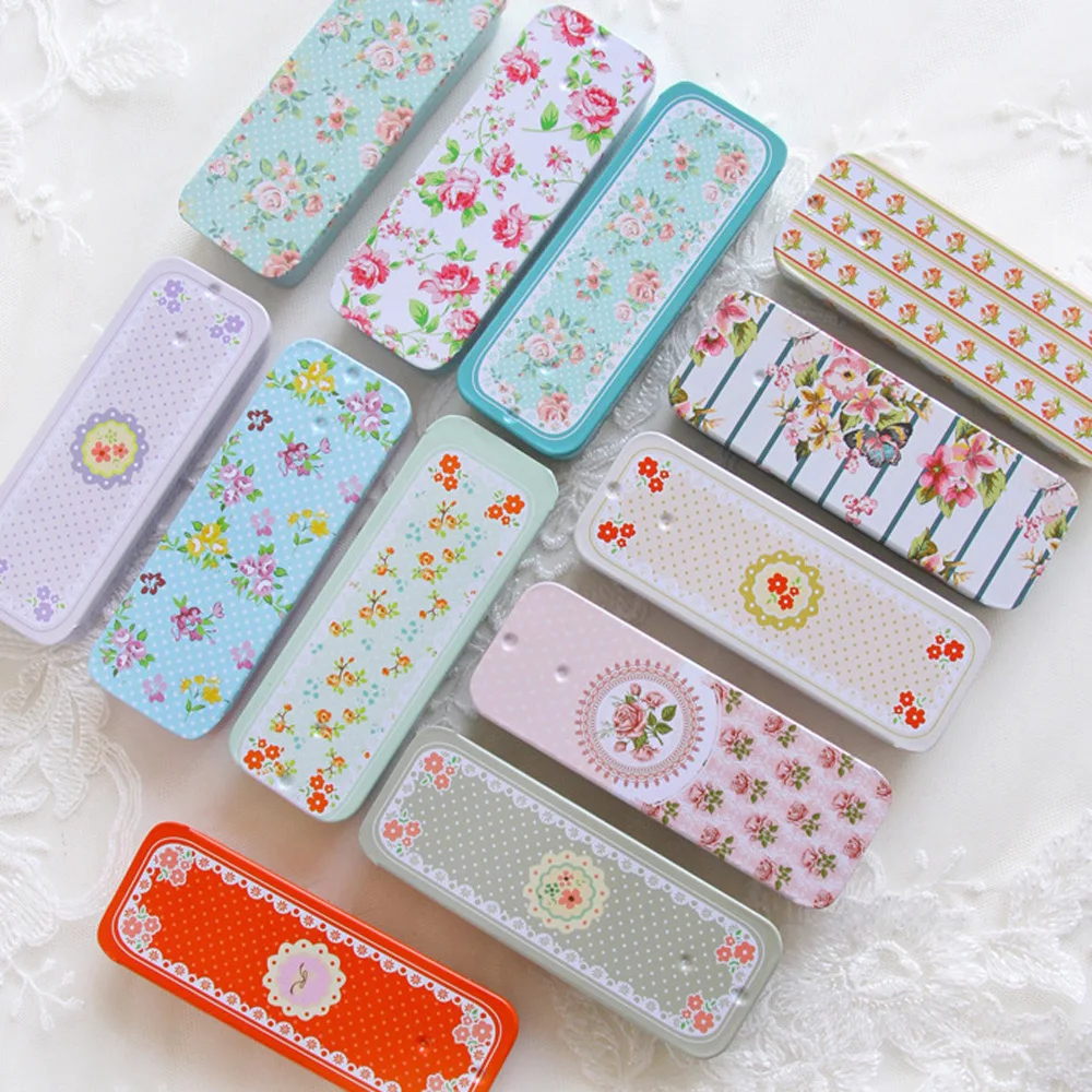 

Mini Small Rectangular Slide Cover Flower Iron Storage Box Case Tin Container