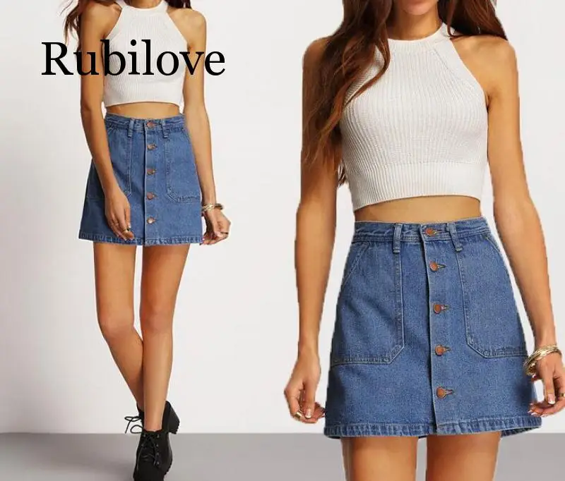Rubilove, Женская юбка, летняя, модная, ковбойская, мини, высокая талия, короткие, сексуальные, с карманами, синие, джинсовые юбки, повседневные