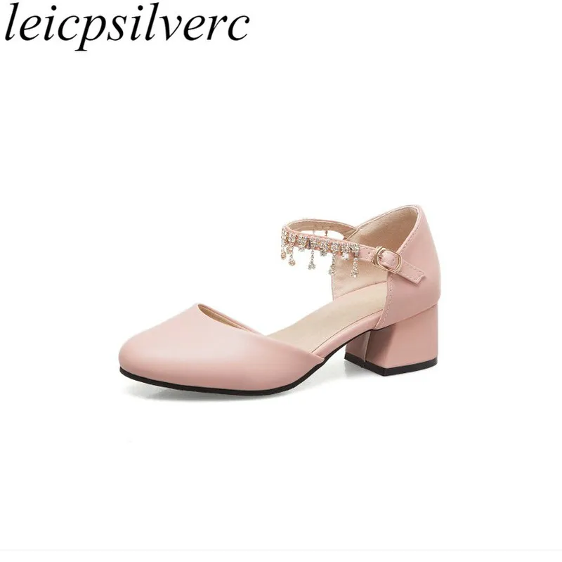 

Women Pumps Shoes Med Heel Pu Round Toe Crystal Buckle D'Orsay Two-piece 2019 Spring Autumn Sexy Fashion Sweet Casual White Pink