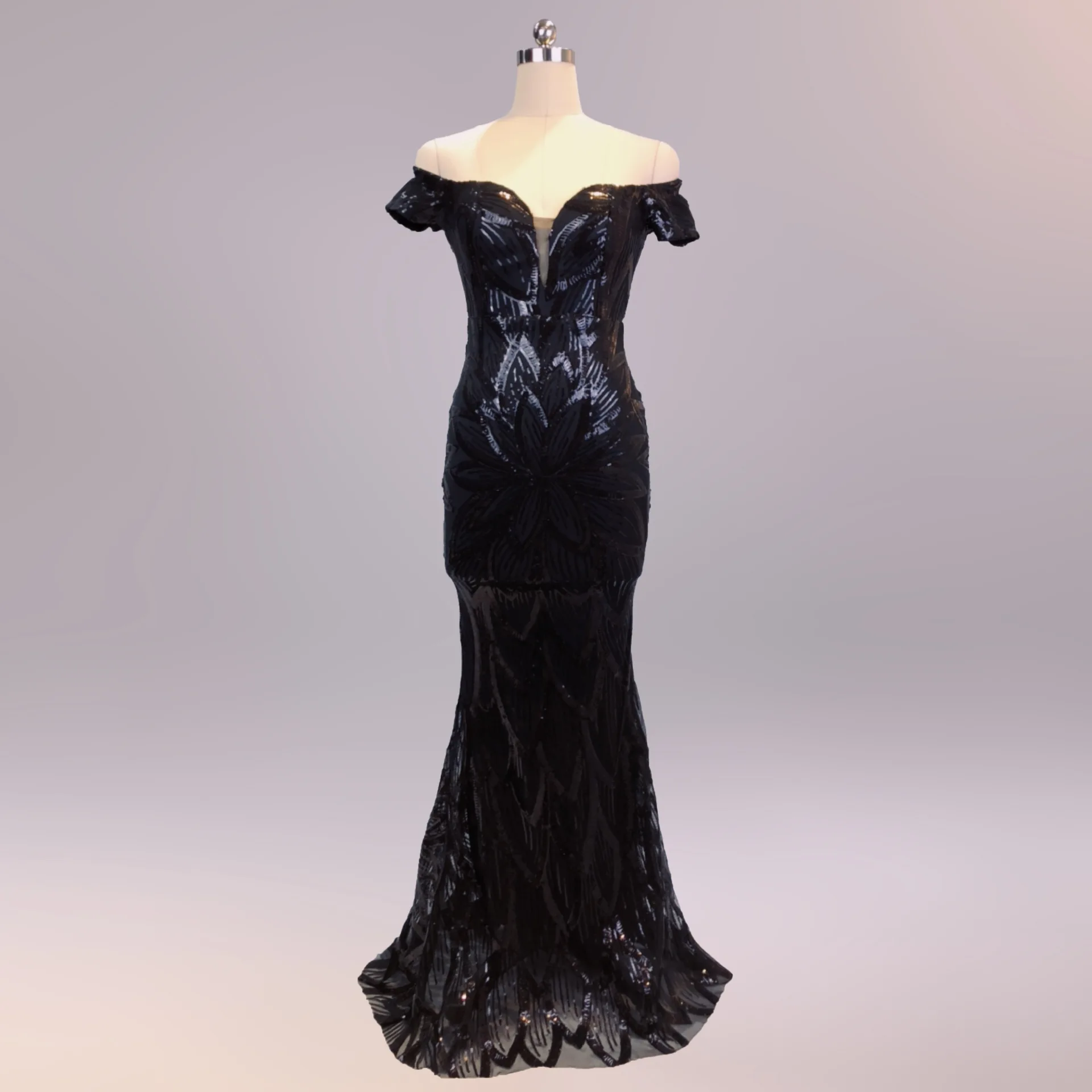 Sexy Prom Dresses Long Cheap V-neck Off the shoulder Black with Gold Embroidery Mermaid Prom Dress Vestido De Festa ES2848
