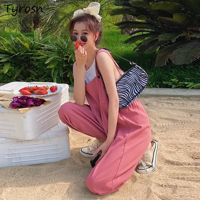 

Women Jumpsuits Wide Leg Tie Feet Solid Vintage Kawaii Harajuku Chic Streetwear All-match Students Cozy Ankle-length New