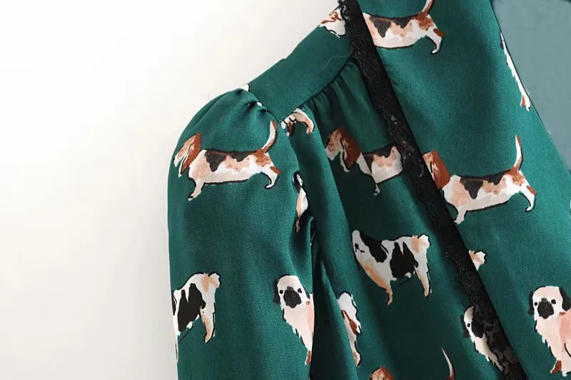 Женская стильная блузка с принтом собаки, рубашка, Модная элегантная блуза с пышными рукавами и галстуком-бабочкой, винтажный топ с животным узором, Blusas Mujer
