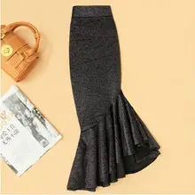 Юбка размера плюс 4XL! Юбка с асимметричным рыбий хвост, Женская осенне-зимняя юбка с высокой талией, черная бархатная юбка TB3763