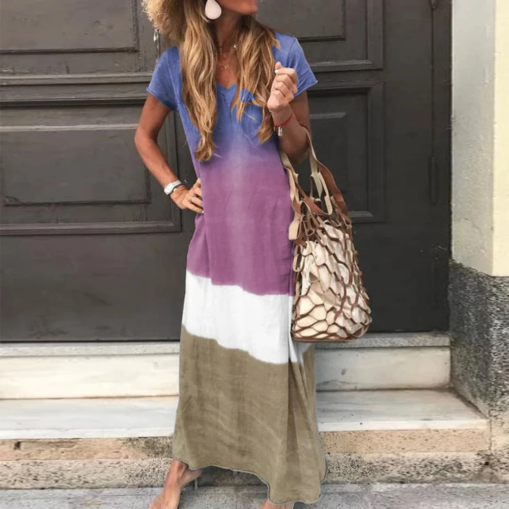 

Plus Size V Neck Maxi Dresses Casual Short Sleeve Ankle-Length Cotton Vestidos Femme Vintage Patchwork Dress Sukienki Damskie