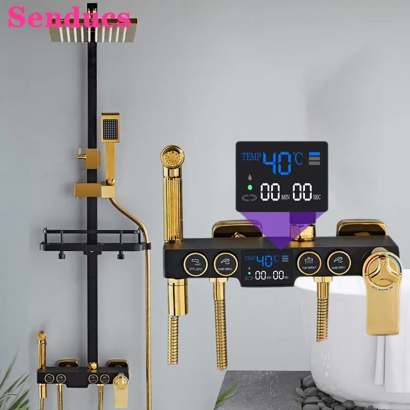 

Thermostatic Shower Mixer Set Fancy Bathtub Faucet 8 Inch Rainfall Hand Shower Head Black Gold Bathroom Digital Shower Mixer Set