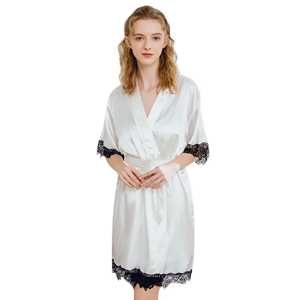 New Women Satin Short Robe Solid Robe Kimono Sexy Lace Trim Bathrobe Sleepwear Bride Bridesmaid Sleepwear Patchwork Pajamas 9.3
