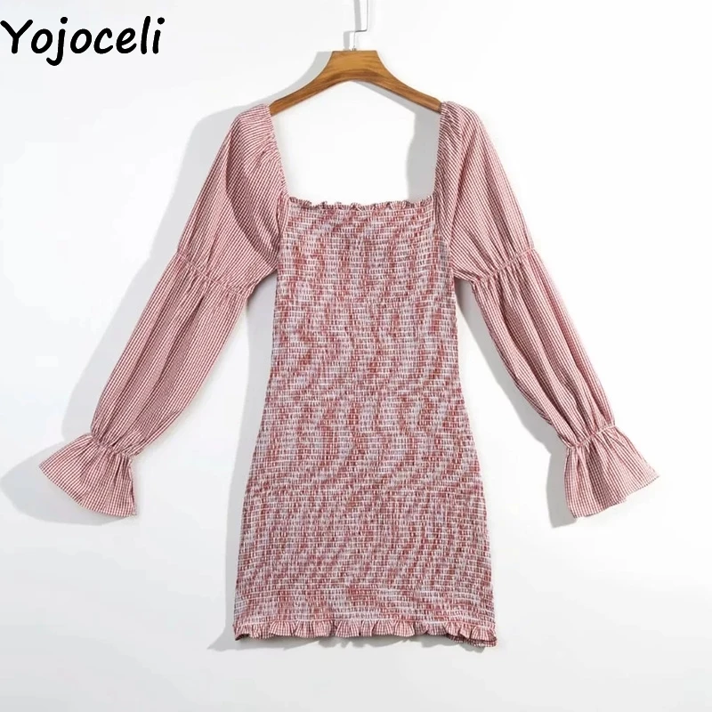 Yojoceli элегантное клетчатое платье с открытыми плечами и рюшами весеннее Короткое