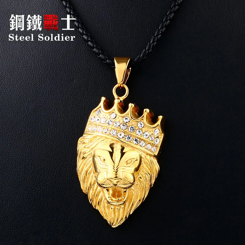 Steeel soldier, корона, Король Лев, кулон для мужчин, золото, серебро, мужское ожерелье из нержавеющей стали, ювелирные изделия в виде животных
