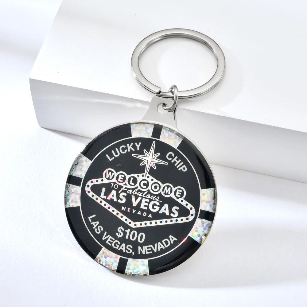 Black Добро пожаловать в Las Vegas круглый счастливый чип брелок Невада стиль культура сувенир чип кольцо в форме ключа - Цвет: Black