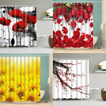 

Rose Sunflower Shower Curtain 3D Printed Bathroom Waterproof Polyester Bath Curtain Washable Bath Decor Curtains With 12 Hook