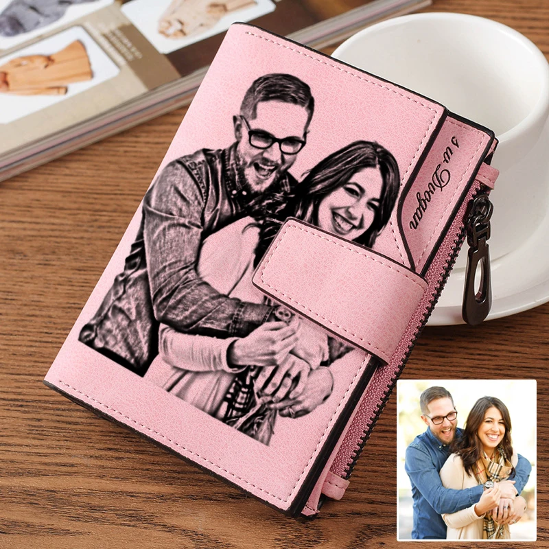 Photo Wallet Purse Engraved-Picture Tri-Fold Gift Personalized Women Girl Short for Wife