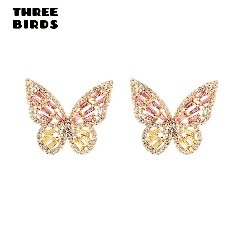 Крошечные трендовые серьги-гвоздики с большими розовыми бабочками из кубического циркония, роскошные изысканные полые красочные серьги с насекомыми для женщин, ювелирные изделия