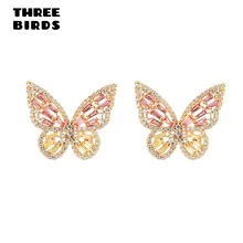 Крошечные трендовые серьги-гвоздики с большими розовыми бабочками из кубического циркония, роскошные изысканные полые красочные серьги с насекомыми для женщин, ювелирные изделия