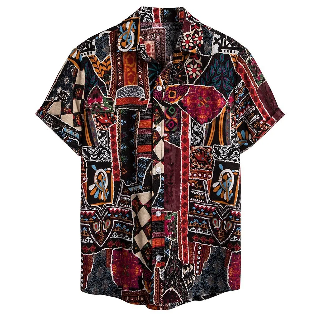 KLV, Мужская одежда, винтажная, с этническим принтом, отложной воротник, короткий, с принтом, модная, стойка, короткий рукав, свободные рубашки, блузка 9816