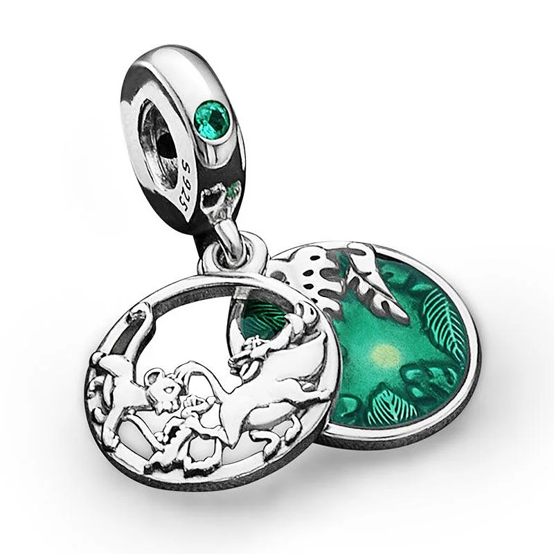 

New 925 Sterling Silver Bead Charm Bright Green Enamel Simba Pumbaa And Timon Pendant Beads Fit Pandora Bracelet Diy Jewelry