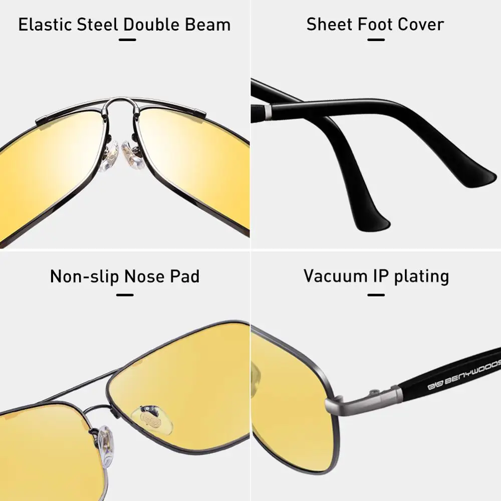 CAPONI Night Vision Sun Glasses Men Square Driving Vintage Eyewear Fashion Design Yellow Lenses Polarized Sunglasses BSYS10001