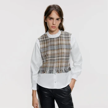

2019 Spring Autumn Tweed Patchwork Shirt Women Tops Za Fashion Clothing Bottoming Shirt Streetwear Hot Sale