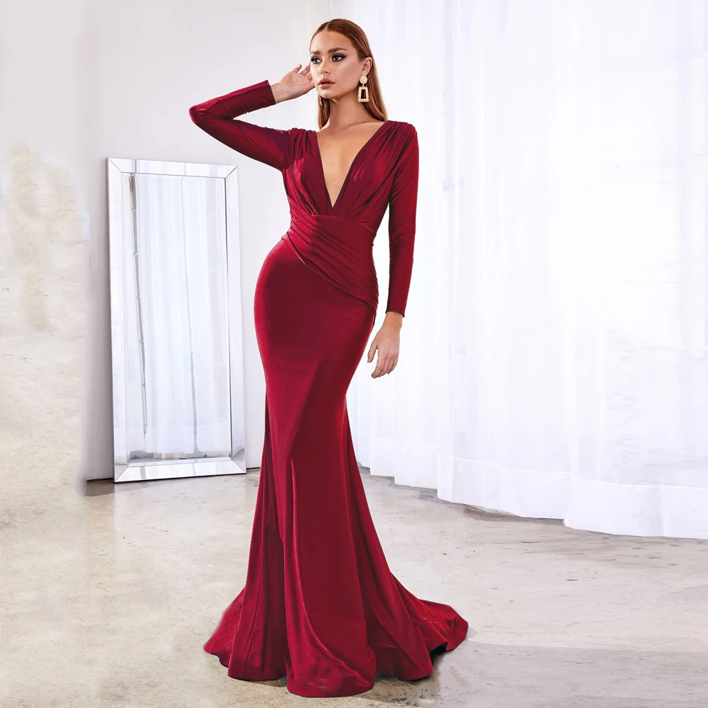 

Deep V Neck Full Sleeved Pleated Long Evening Party Dress Satin Floor Length Event Gown Prom Robe