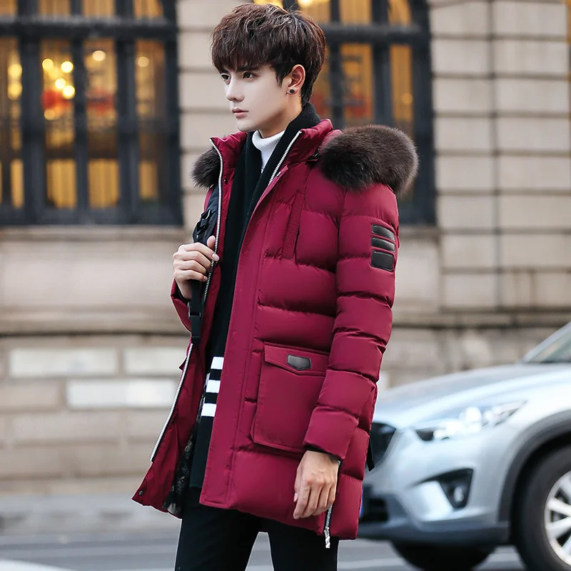 Men Winter New Style Solid Color Cotton Coat Warm Hooded Hair Stand Collar Korean-style Fashion Cotton-padded Clothes Versatile