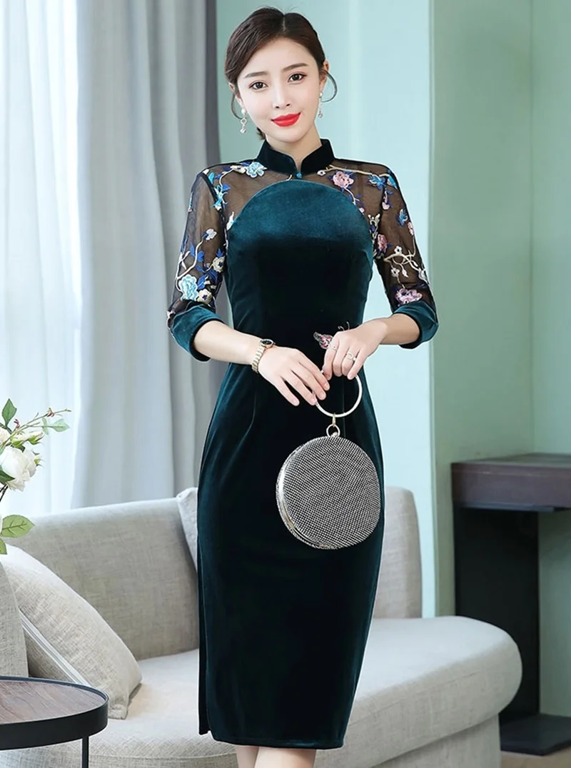 Зеленый cheongsam Qipao бархатное платье Чонсам средней длины элегантное китайское платье es с кружевными рукавами для девочек Чай Длина Qi Pao стильное традиционное китайское платье FF2236