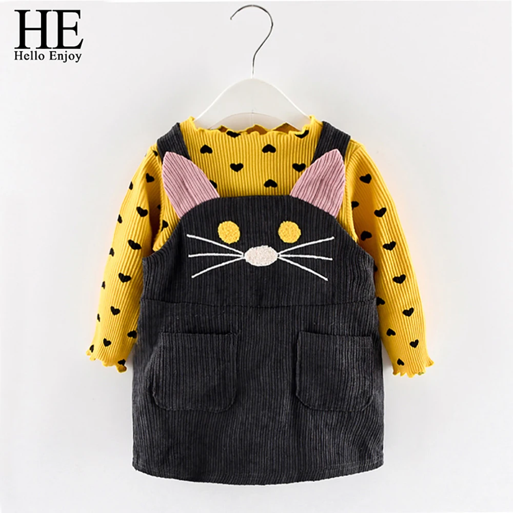 

HE Hello Enjoy Princess Girls Dress Autumn Cat Print Children Clothing Long Sleeve Cartoon Girl Party Dresses For Kids Clothes