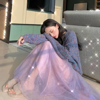 

Spring Autumn Women Sets New Retro Loose Sweater + Mesh Skirt Sets Sweet Pink Outfits Two-piece Suit Fashion Midi Skirt Clothes