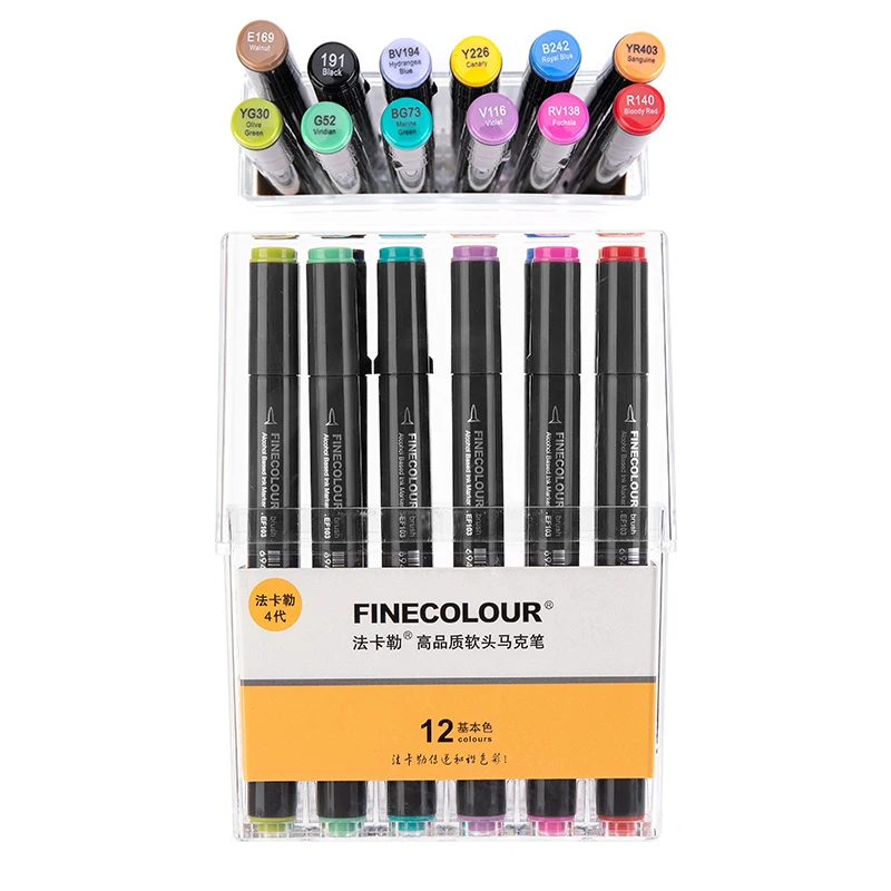 12colors-standard Finecolour EF103 на спиртовой основе маркер для рисования с мешком 12/24/36/48/60/72/240 Цвета жирной Мягкая зубная щетка с двумя головками и маркер для белой доски профессиональный - Цвет: 12colors-standard